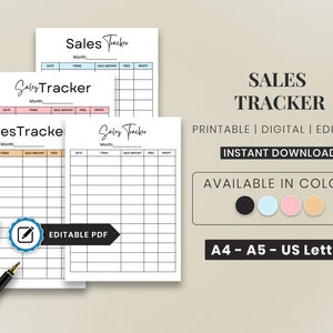 May include: Four printable sales tracker sheets in different colors. The sheets are labeled "Sales Tracker" and have columns for date, items, sale amount, fees, and profit. The text "Editable PDF" is visible in the bottom right corner of the image. The text "A4 - A5 - US Letter" is visible in the bottom right corner of the image.