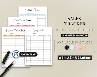 May include: Four printable sales tracker sheets in different colors. The sheets are labeled "Sales Tracker" and have columns for date, items, sale amount, fees, and profit. The text "Editable PDF" is visible in the bottom right corner of the image. The text "A4 - A5 - US Letter" is visible in the bottom right corner of the image.