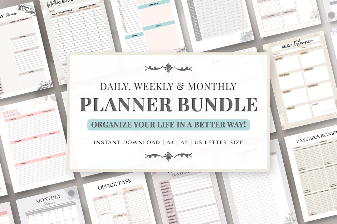 Daily Weekly Monthly Bundle, Printable Planner Pages Pdf, 24 Hour