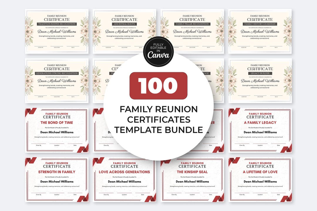 100 Family Reunion Certificate Template Bundle Canva Editable Custom ...