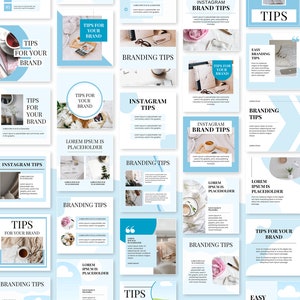 Könnte beinhalten: Eine Sammlung von blauen und weißen Instagram-Post-Vorlagen mit dem Text "Tipps für deine Marke", "Branding-Tipps", "Instagram-Marken-Tipps", "Einfache Tipps" und "Tolle Tipps für Instagram".