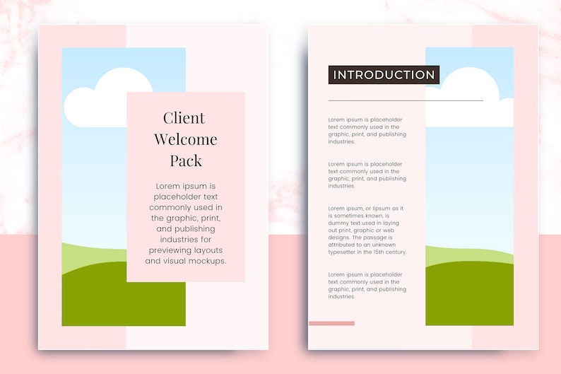 Op de afbeelding: Een Client Welcome Pack-ontwerp met een roze en witte marmeren achtergrond. De linkerpagina toont een lucht en groen landschap met de tekst "Client Welcome Pack". De rechterpagina heeft de tekst "INTRODUCTION". Beide pagina's bevatten tijdelijke tekst.