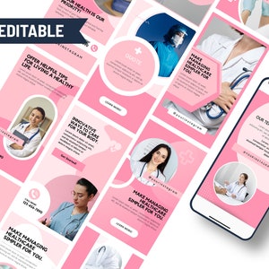 May include: A set of pink and white digital social media templates for healthcare professionals, featuring placeholders for photos of medical staff, text boxes for health tips, contact information, and a prominent Canva Editable banner.
