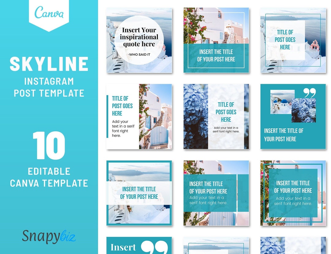 Skyline Instagram Post Template Editable Canva Blue Travel Feed Layout ...