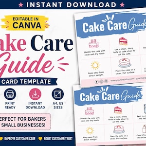 Könnte beinhalten: Eine digitale Cake Care Guide Kartenvorlage mit Anweisungen zur Handhabung, Lagerung und zum Schneiden von Kuchen. Das Design enthält blaue und rosa Akzente, Symbole und in Canva bearbeitbaren Text. Erhältlich in den Formaten A4 und US-Letter.