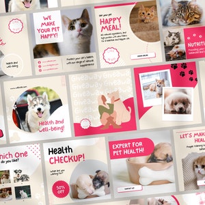 Puede incluir: Un collage de publicaciones en redes sociales que promocionan servicios de cuidado de mascotas. Las publicaciones presentan im&aacute;genes de gatos y perros, y texto sobre nutrici&oacute;n, salud y bienestar. Las publicaciones est&aacute;n dise&ntilde;adas para atraer a los due&ntilde;os de mascotas y promover los servicios que se ofrecen.