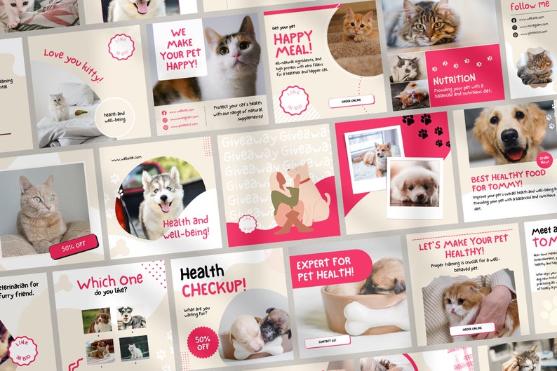 Puede incluir: Un collage de publicaciones en redes sociales que promocionan servicios de cuidado de mascotas. Las publicaciones presentan im&aacute;genes de gatos y perros, y texto sobre nutrici&oacute;n, salud y bienestar. Las publicaciones est&aacute;n dise&ntilde;adas para atraer a los due&ntilde;os de mascotas y promover los servicios que se ofrecen.