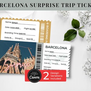 Barcelona Spain Surprise Trip Reveal Boarding Pass Ticket Template, Editable Airline Ticket Canva Templates, Barcelona Trip Birthday Gift