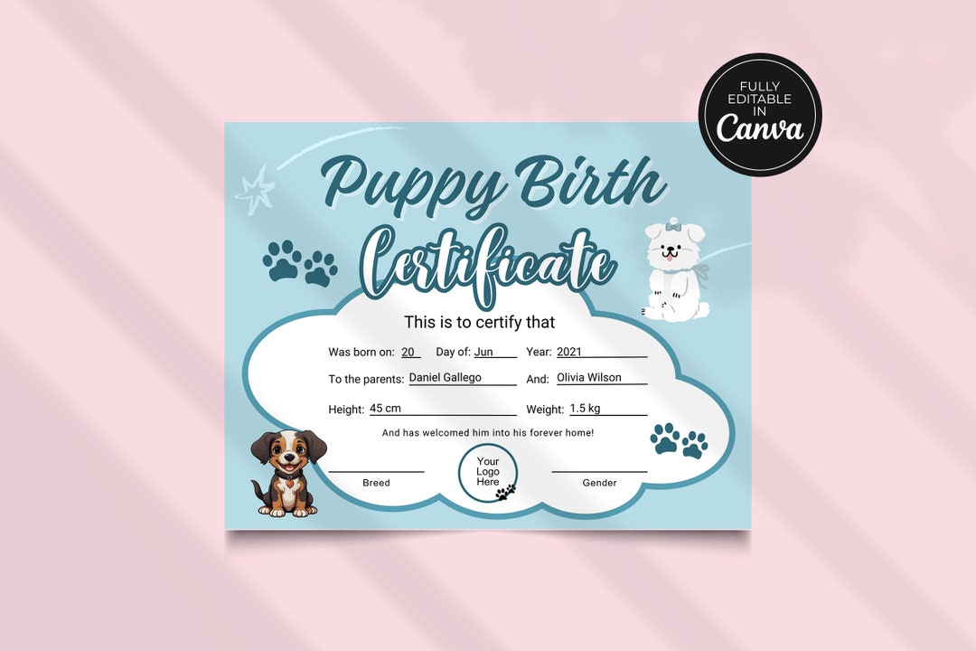 Editable Printable Puppy Birth Certificate, Puppy Birth, Pet Business ...