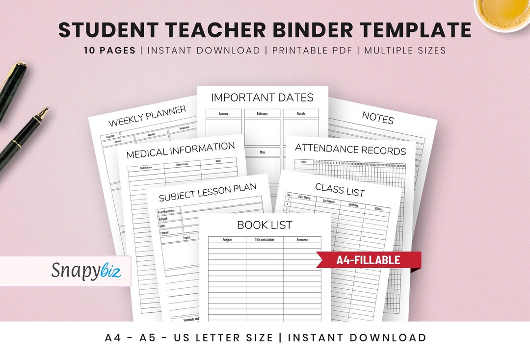 Student Teacher Planner Template Printable PDF, Teaching Binder ...