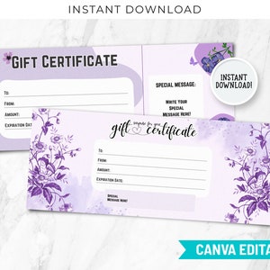 Plantilla de certificado de regalo imprimible y editable, plantilla de cupón de regalo imprimible, tarjeta de regalo personalizada, agregue su logotipo, pequeñas empresas