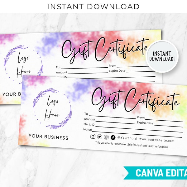Gift Certificate Template Printable And Editable, Custom Voucher, Printable Gift Card, Editable Certificate, Add Logo