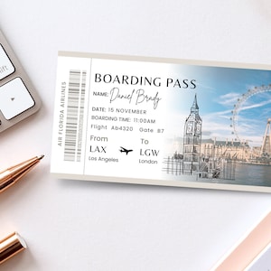 Billet d'embarquement surprise pour Londres imprimable et modifiable, billet d'avion, billet d'avion, carte d'embarquement, billet d'embarquement, billet d'avion