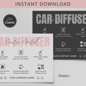May include: Two rectangular car diffuser care cards with black and light gray backgrounds. The cards feature icons and text instructions for safe use, including warnings to avoid contact with eyes, keep away from fire, and keep away from children and pets.