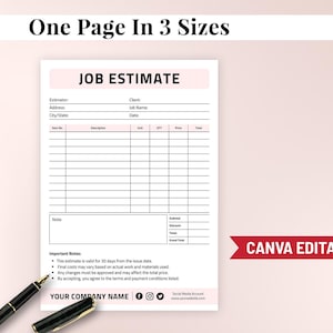 Editable Job Estimate Template, Construction, Freelance (Canva, A4/A5/US Letter)