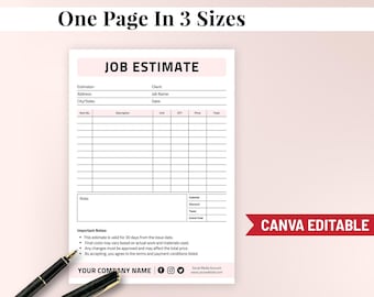 Plantilla de presupuesto de trabajo / Formulario de licitación editable de Canva para contratistas / Plantilla imprimible de presupuesto de construcción para pequeñas empresas