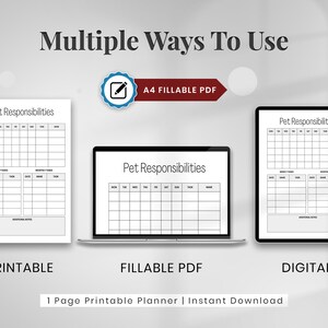 May include: A printable pet responsibility planner in three formats: printable, fillable PDF, and digital. The planner has a black and white design with the text "Pet Responsibilities" at the top.