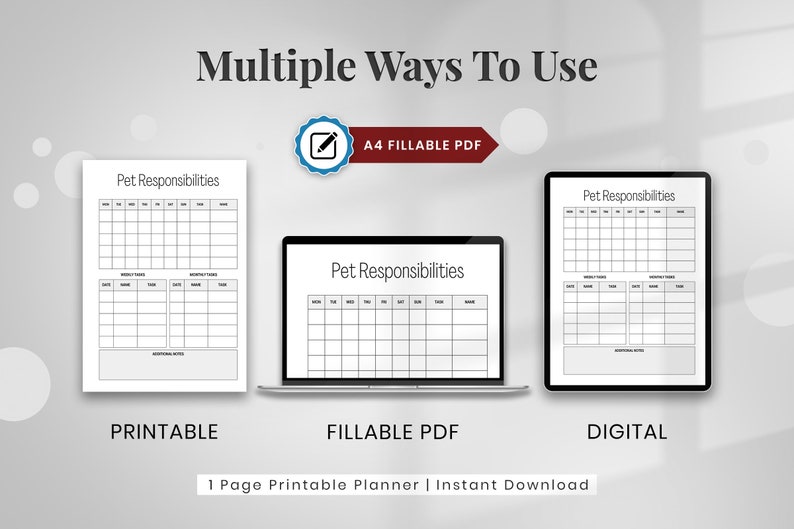 May include: A printable pet responsibility planner in three formats: printable, fillable PDF, and digital. The planner has a black and white design with the text "Pet Responsibilities" at the top.