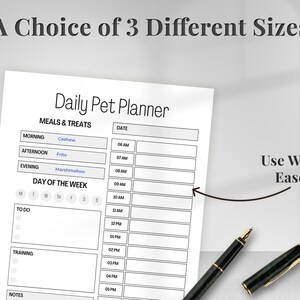 May include: A black and white printable daily pet planner with sections for meals and treats, day of the week, to do, training, and notes. The planner has a title that says "Daily Pet Planner".