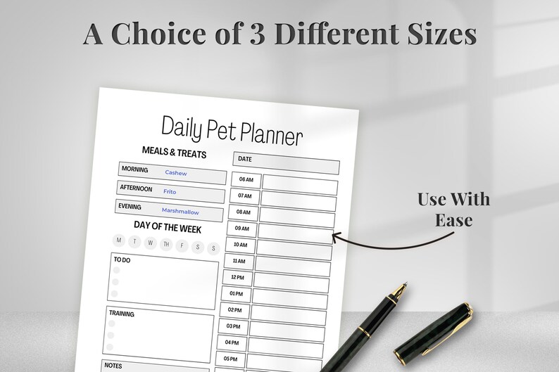 May include: A black and white printable daily pet planner with sections for meals and treats, day of the week, to do, training, and notes. The planner has a title that says "Daily Pet Planner".