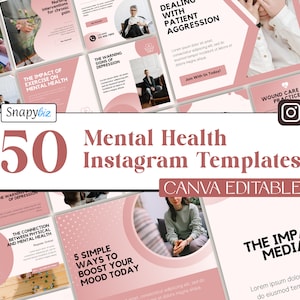 May include: A collage of 50 pink and white Instagram templates for mental health awareness. The templates feature text such as "The Impact of Exercise on Mental Health", "Dealing with Patient Aggression", and "5 Simple Ways to Boost Your Mood Today". The templates are Canva editable.