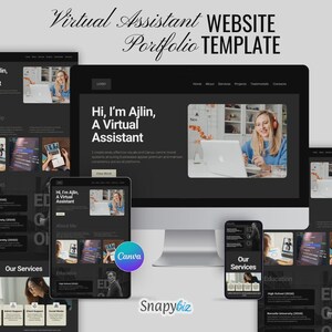 May include: A digital website portfolio template for a virtual assistant displayed on a desktop monitor, a tablet, and a smartphone. The design features a dark color scheme with the text "Hi, I’m Ajlin, A Virtual Assistant" and a Canva logo.