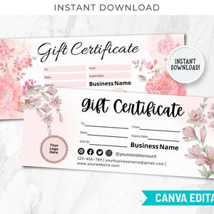 Blush Pink Gift Certificate Template, Blush Pink Template, Editable Gift Card, Elegant Gift Certificate, Soft Pink Canva Certificate CT-114