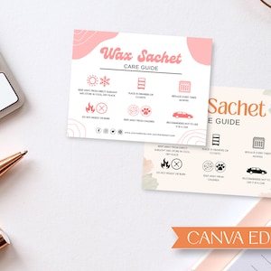 Modelo de cartão de cuidados com sachê de cera, instruções editáveis de cuidados com sachê de cera, guia de cuidados com purificador de ar de cera para impressão, modelo Canva Digital CC-308