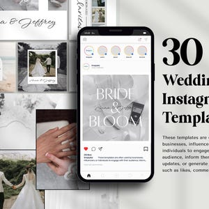 以下が含まれることがあります： 黒いスマートフォンには、「Bride & Bloom」と「Anna & Jeffrey」の文字が入ったウェディングInstagramテンプレートが表示されています。画像には、結婚をテーマにした写真のコラージュと「30 Wedding Instagram Template」の文字が含まれています。