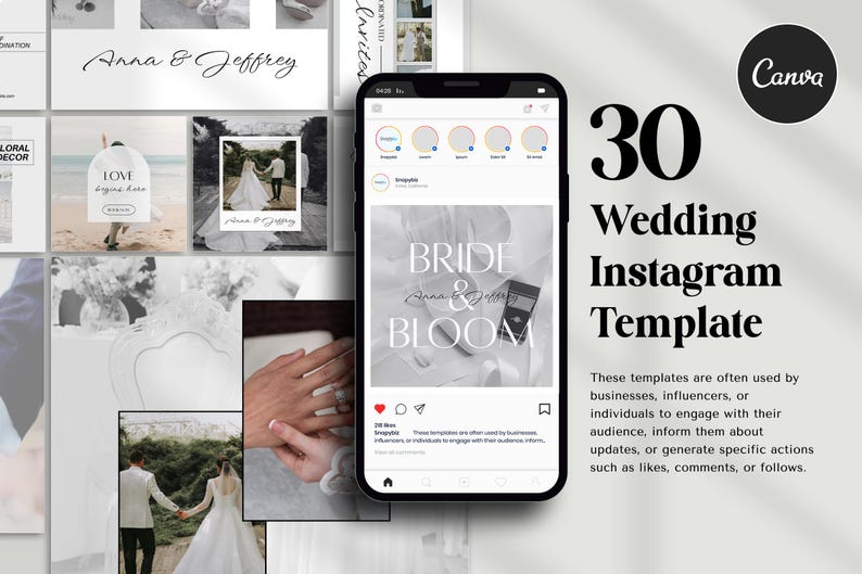 以下が含まれることがあります： 黒いスマートフォンには、「Bride & Bloom」と「Anna & Jeffrey」の文字が入ったウェディングInstagramテンプレートが表示されています。画像には、結婚をテーマにした写真のコラージュと「30 Wedding Instagram Template」の文字が含まれています。