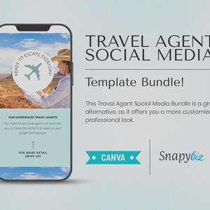 May include: A smartphone displays a travel agent social media template bundle. The phone screen shows a person in a hat with a plane graphic and the text "Ready to escape everyday." The text "Travel Agent Social Media" and "Template Bundle!" are also visible.