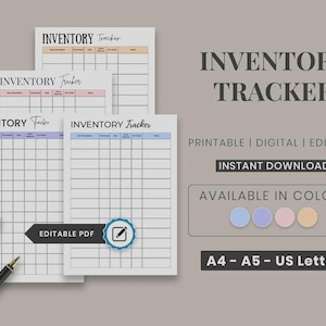 May include: A set of printable inventory tracker sheets with grid layouts, featuring the text INVENTORY TRACKER, EDITABLE PDF, and A4 - A5 - US Letter. The sheets include columns for item description, quantity, and price, with blue, purple, pink, and peach accents.