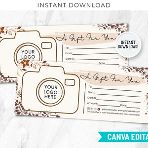 Photography Gift Certificate Template, Photographer Gift Card Canva Template, Photography Gift Voucher, Boho Editable Gift Card