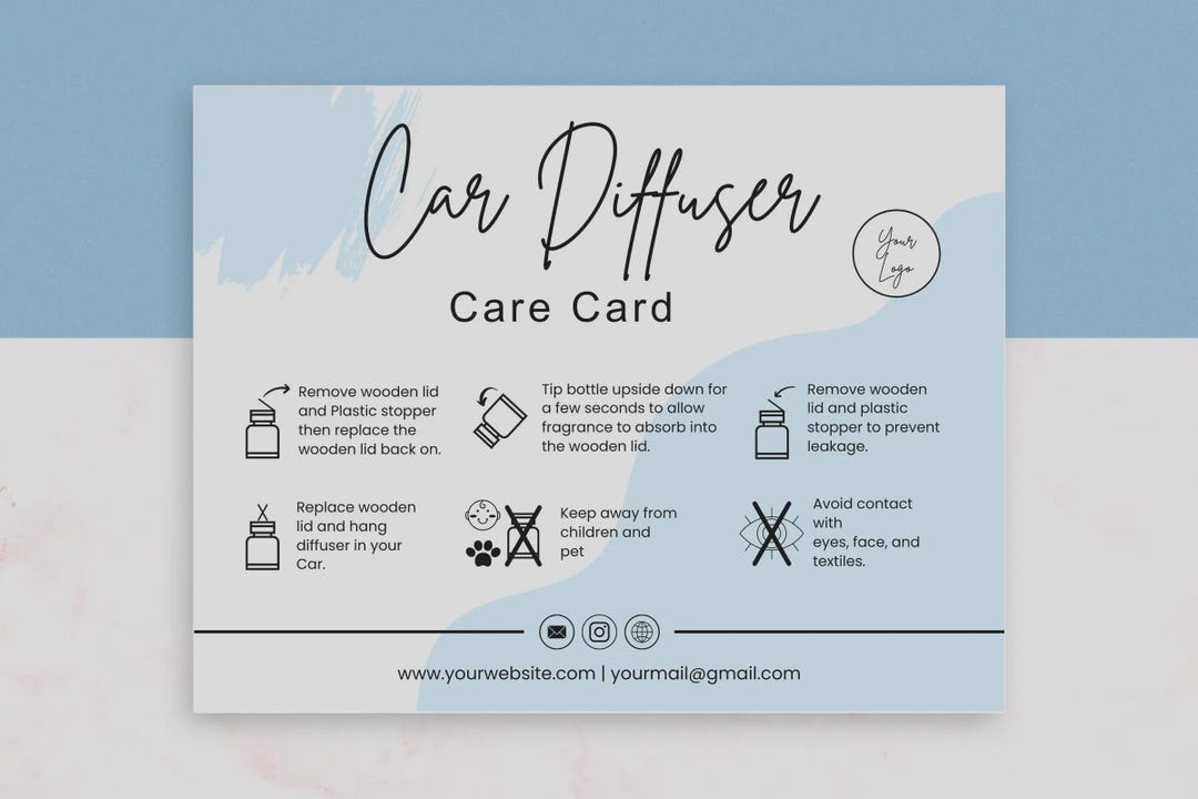 Editable Car Diffuser Care Card Template, Care Instructions for Oil ...
