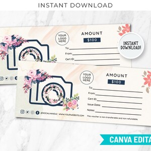 Photography Gift Certificate Template, Photographer Gift Card Canva Template, Photography Gift Voucher, Boho Editable Gift Card