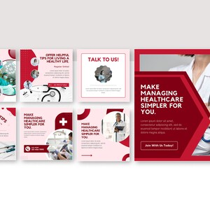 May include: A red and white healthcare social media post with the text "Make Managing Healthcare Simpler For You." and a photo of a doctor holding a stethoscope.