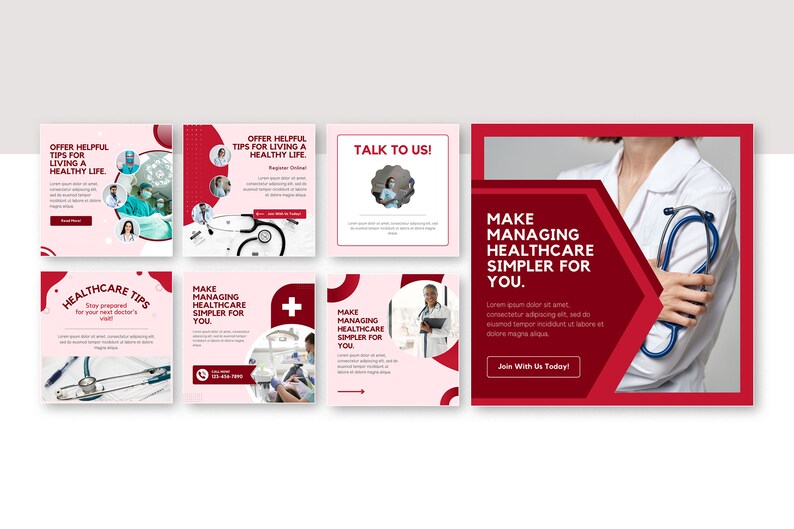 May include: A red and white healthcare social media post with the text "Make Managing Healthcare Simpler For You." and a photo of a doctor holding a stethoscope.