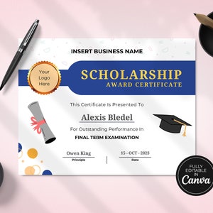 May include: A blue and white scholarship award certificate with a gold seal, a graduation cap, and a scroll. The certificate is presented to Alexis Bledel for outstanding performance in the final term examination. The date is 15-OCT-2023.