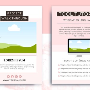Op de afbeelding: Twee roze en witte digitale marketing sjablonen. De linkersjabloon heeft de tekst "PROJECT WALK THROUGH" en "LOREM IPSUM" met een landschapsafbeelding. De rechtersjabloon zegt "TOOL TUTORIAL" en bevat een computerbeeldscherm.