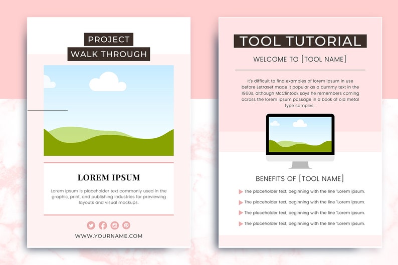 Op de afbeelding: Twee roze en witte digitale marketing sjablonen. De linkersjabloon heeft de tekst "PROJECT WALK THROUGH" en "LOREM IPSUM" met een landschapsafbeelding. De rechtersjabloon zegt "TOOL TUTORIAL" en bevat een computerbeeldscherm.