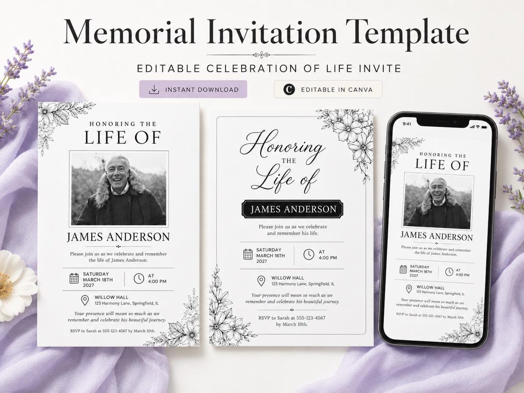 Funeral Invitation Editable, Digital Memorial, Celebration of Life ...