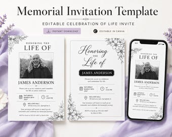May include: A memorial invitation template featuring two printed cards and a smartphone display. The design includes black text, floral line art, and a placeholder photo of a person. Text reads Honoring the Life of James Anderson.