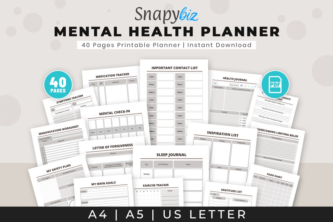 Mental Health Printable Planner PDF Therapy Progress Self Reflection Emotional Health Coping Strategies PTSD Exercise And Activity Self Care