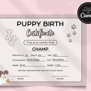 Puppy Birth Certificate, Editable Canva Template, Printable Adoption Certificate, Custom Personalized Dog Lover Gift, New Puppy Announcement