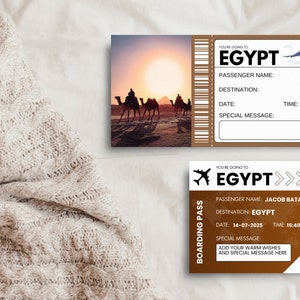 Plantilla imprimible de boleto de avión para viaje sorpresa a Egipto, boleto de avión para vacaciones, vuelo sorpresa, descarga digital BP-235