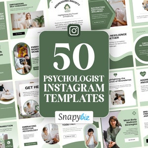 Könnte beinhalten: Eine Collage aus 50 Instagram-Vorlagen für Psychologen mit grünen und weißen Hintergründen, Text und Bildern. Die Vorlagen beinhalten Themen wie Umgang mit Angst, Aufbau von Resilienz und Navigation im emotionalen Wohlbefinden. Der Text "50 Psychologen Instagram Vorlagen" ist in großer, fetter Schrift.
