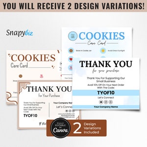 Modèle de carte d'entretien pour les cookies, modèle canva, carte de remerciement pour les clients en matière de cookies, carte d'instructions modifiable pour les cookies, carte d'entretien personnalisée CC-279