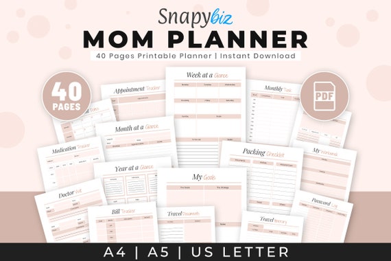Mom Printable Planner, Checklist Template PDF, Family Home Management Binder Organizer, A4/A5/US Digital Download