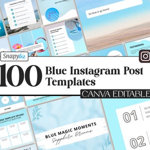 May include: A set of 100 blue Instagram post templates, Canva editable. The design features a light blue colour scheme with various layouts and the text "Snapybiz" and "Blue Instagram Post Templates".