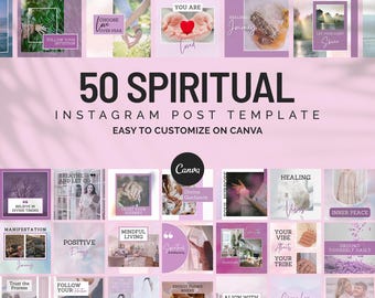 Könnte beinhalten: Werbebild für 50 spirituelle Instagram-Post-Vorlagen, einfach auf Canva anzupassen. Das Design zeigt einen rosa Hintergrund mit verschiedenen quadratischen Bildern, die inspirierende Zitate und Bilder enthalten. Der Text enthält Sätze wie "Healing Journey" und "Believe in Divine Timing."